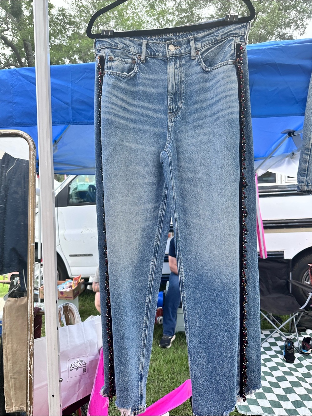 Up-cycled American Eagle Outfitters Light Blue added Embellished Side-Stripe